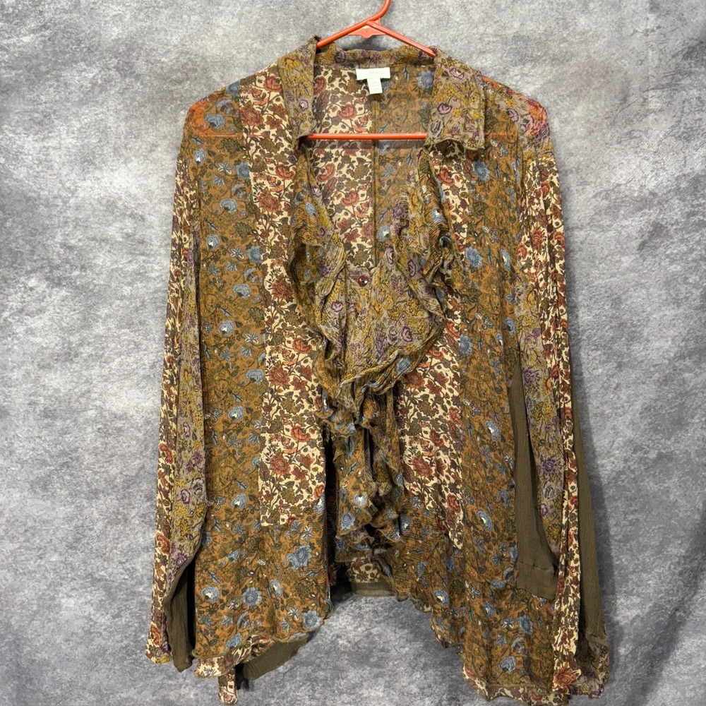 Y2K J. Jill 100% Silk Floral Patchwork Ruffle Front Blouse Size 2X Brown Fairy